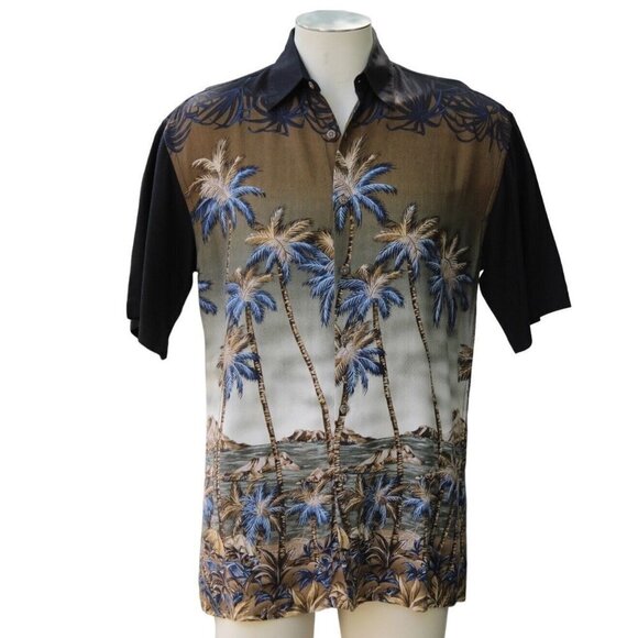 Vintage 90's PIERRE CARDIN Button-Up Casual Shirt Men's Small Black‎ Palm Trees - Picture 1 of 14